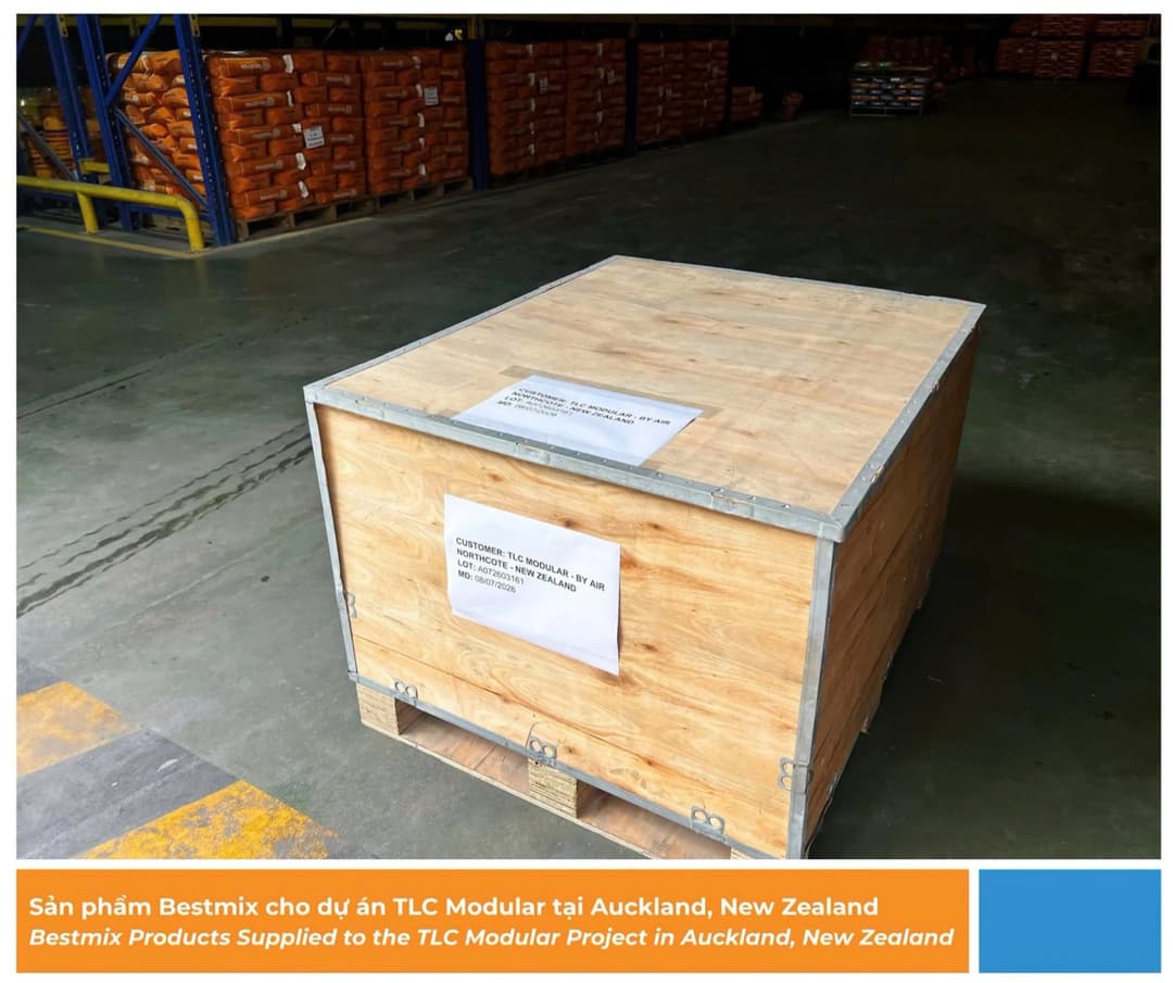Kiện hàng đóng gỗ của Bestmix vận chuyển bằng đường hàng không đến dự án Northcote, New Zealand