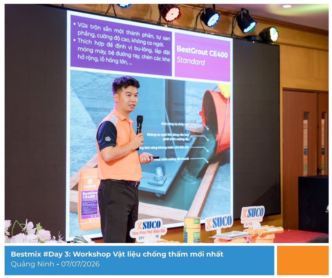 Kỹ thuật viên Bestmix trình bày giải pháp vật liệu chống thấm tại workshop Quảng Ninh